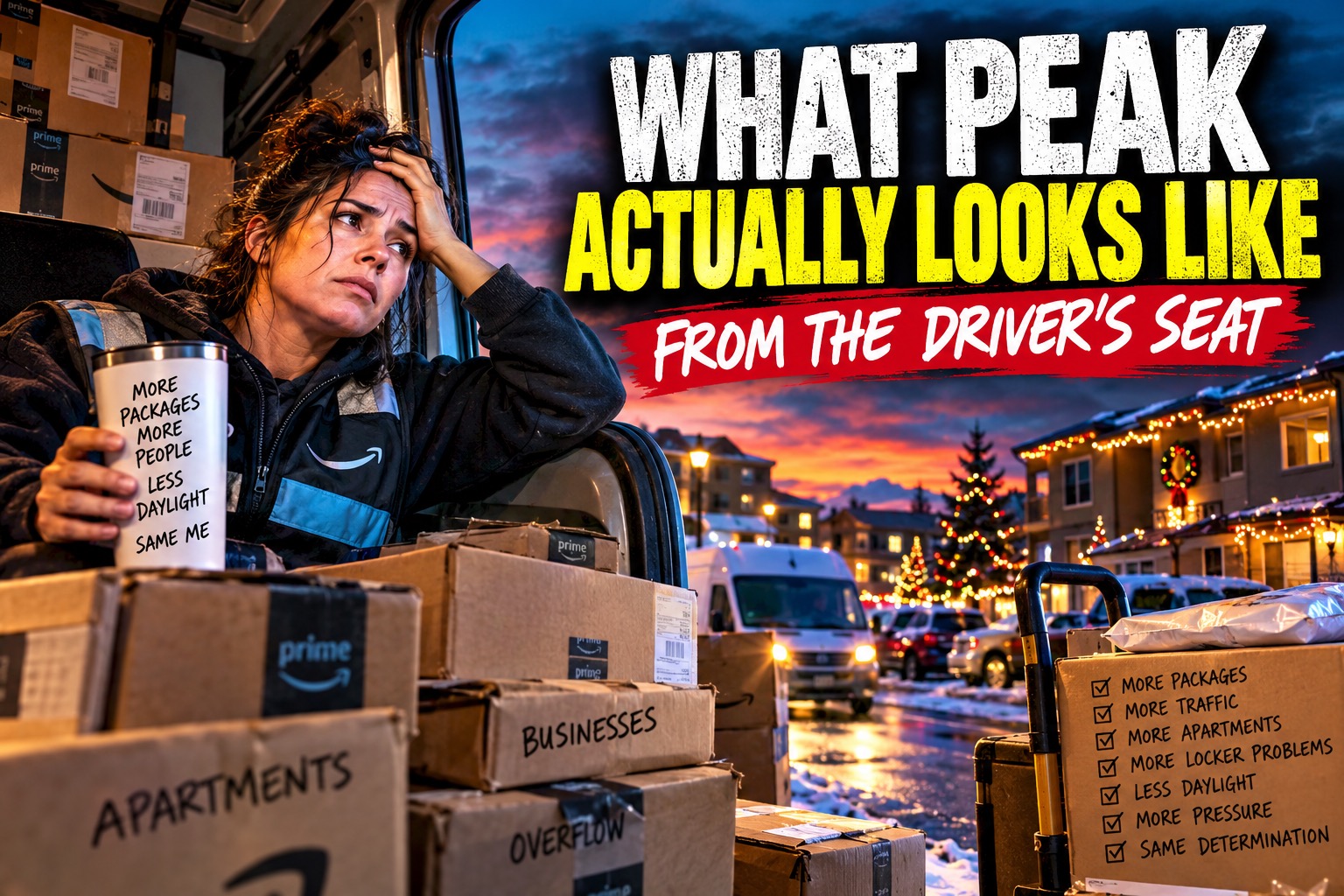 Illustrated peak-season scene: a tired driver, a loaded van, and the words What peak actually looks like from the driver’s seat.