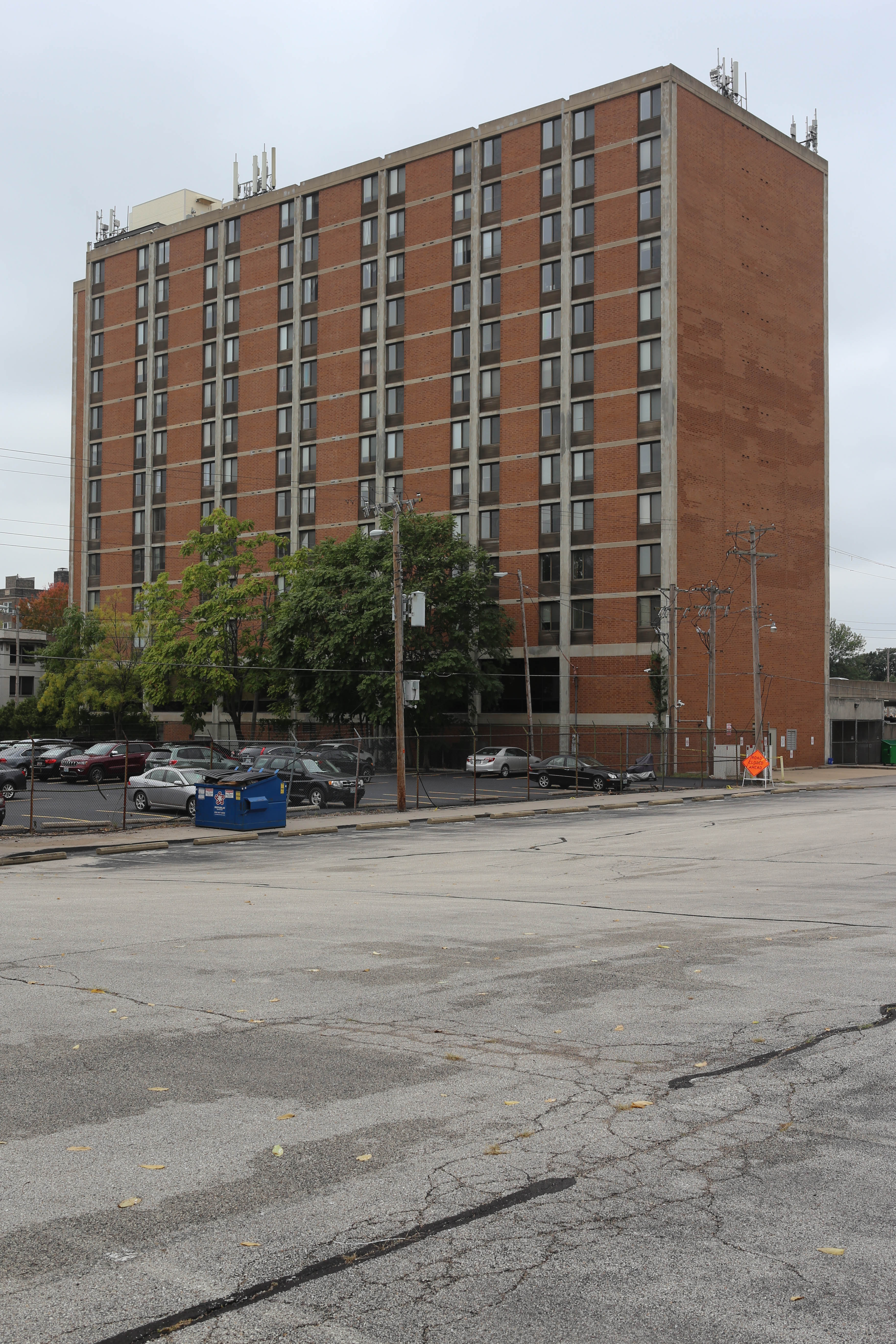 The tall red-brick Del Coronado apartment building in the Central West End of Saint Louis.
